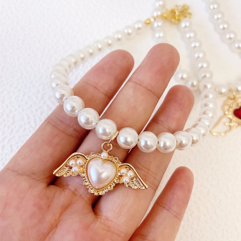 出口跨境宠物饰品猫咪狗狗天使翅膀珍珠项链厂家批发宠物镶钻项圈