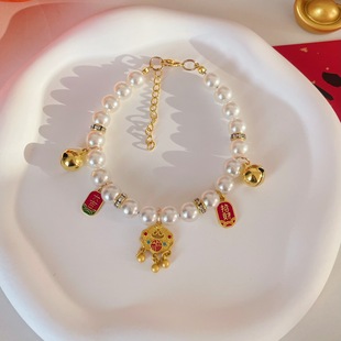 亚马逊爆款宠物新年珍珠项链猫咪狗狗中式福锁吊坠铃铛颈链装饰