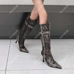 宣美同款 十字架复古擦色高筒骑士靴2026高跟显瘦长筒靴细跟尖头靴