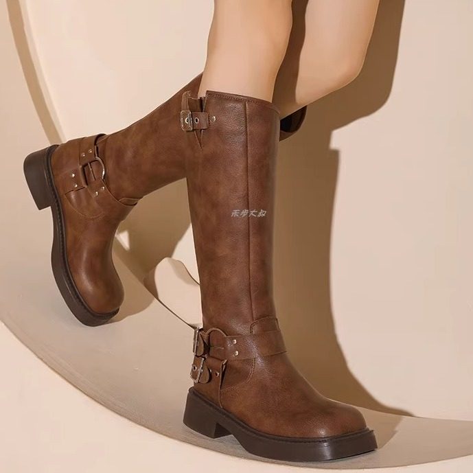 2026西部牛仔靴复古美拉德双扣真皮粗跟高筒雅丹风方头套筒骑士靴,女鞋,骑士靴,淘宝优惠券,粉丝福利购,淘宝优惠卷