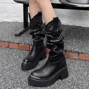 尖头堆堆靴Lisa同款 刺绣粗跟金属头马丁靴中筒短靴厚底增高骑士靴