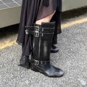 复古擦色骑士靴皮带扣高筒靴金属圆头内增高做旧马丁靴重工机车靴