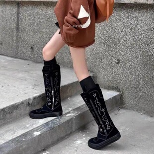 刺绣西部牛仔靴2026春夏平底长筒靴内增高圆头高筒民族风骑士靴潮