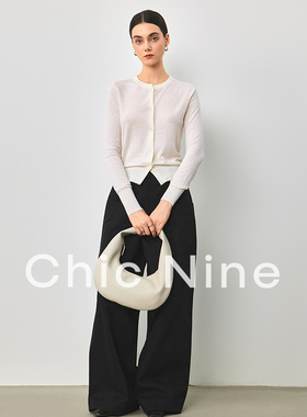 Chicnine | 精仿毛衣钻石短外套女开衫时尚圆领长袖轻薄短款纯色