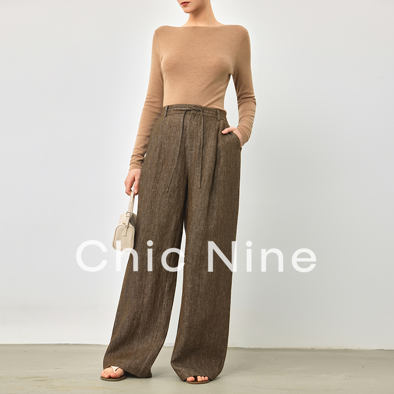 Chicinine | 纯亚麻棉松紧腰休闲裤阔腿裤女高腰肌理感直筒拖地裤