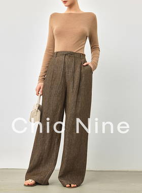 Chicinine | 纯亚麻棉松紧腰休闲裤阔腿裤女高腰肌理感直筒拖地裤