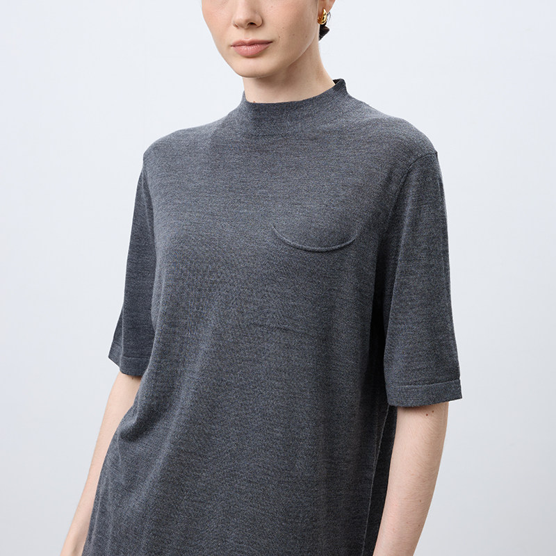 Chicnine |休闲宽松型纯色五分袖上衣 2026羊毛高档口袋短袖T恤女