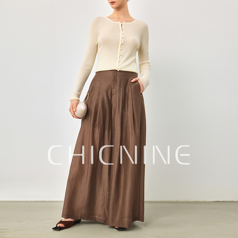 Chicnine | 老钱风丝阔腿休闲凉凉裤女通勤简约高皮质喇叭拖地裤