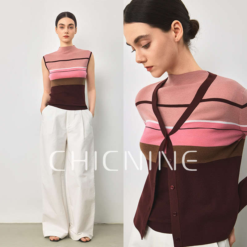 Chicnine |  100澳毛撞色两件套v领长袖针织衫女背心条纹外套女