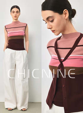 Chicnine |  100澳毛撞色两件套v领长袖针织衫女背心条纹外套女
