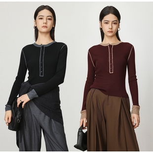 长袖 圆领修身 羊毛上衣别致设计感女 特色t型紧身打底衫 Chicnine