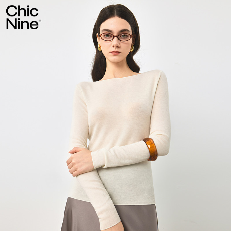 Chicnine | 一字肩领针织打底开衫长袖毛衣修身显瘦气质内搭上衣