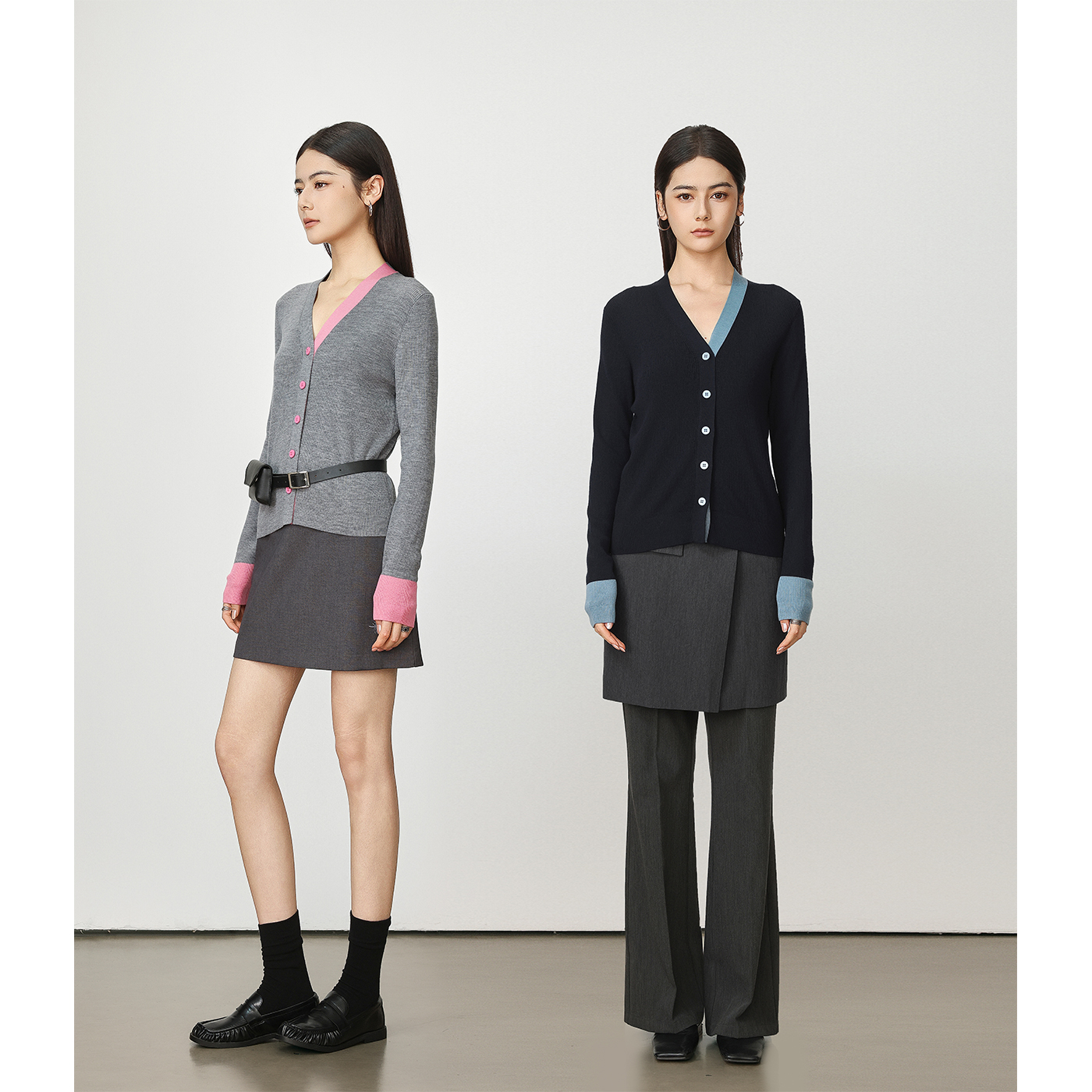 Chicnine | 撞色针织开衫拼接V领针织衫设计感长袖上衣黑粉色新款