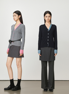 Chicnine | 撞色针织开衫拼接V领针织衫设计感长袖上衣黑粉色新款