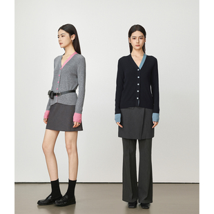 上衣黑粉色新款 Chicnine 设计感长袖 拼接V领针织衫 撞色针织开衫