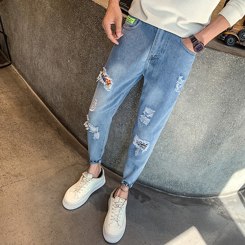 夏季薄款男生九分破洞牛仔裤男款修身小脚小个子乞丐1003-1A49P55，男装牛仔裤，星座1003-1