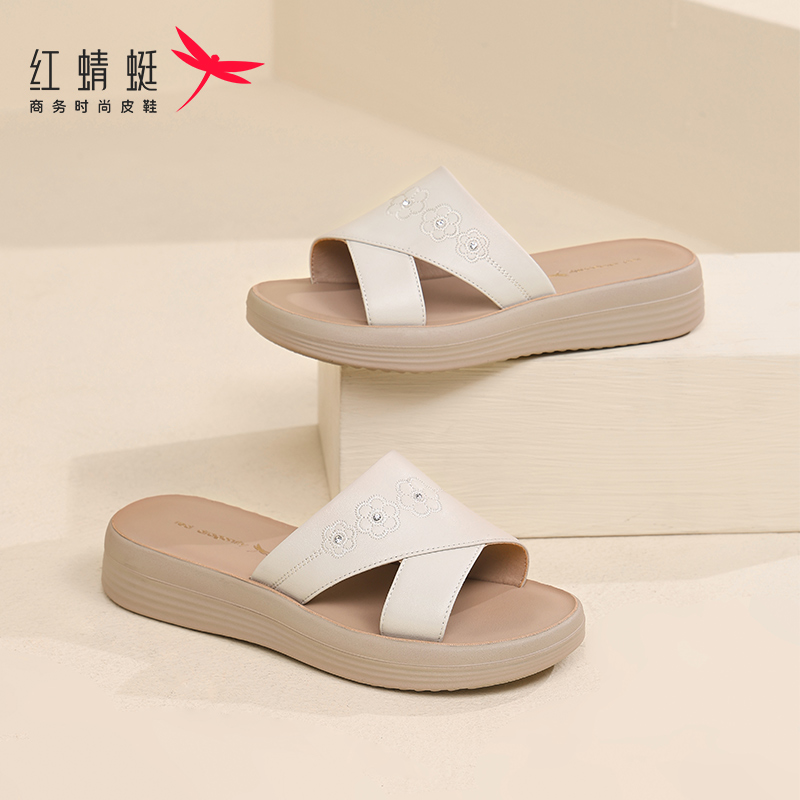 红蜻蜓妈妈女拖鞋皮凉拖夏季舒适女鞋真皮厚底凉鞋中年一字拖时尚