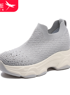 红蜻蜓女飞织网面鞋厚底增高运动轻便透气百搭灰色特价网面健步鞋