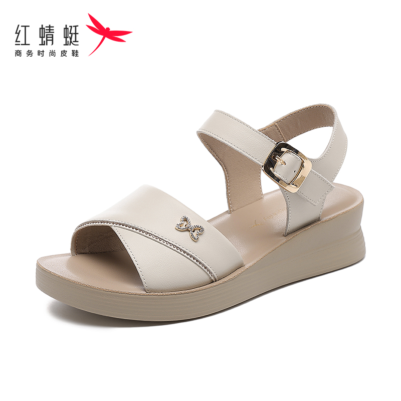 红蜻蜓休闲真牛皮妈妈凉鞋