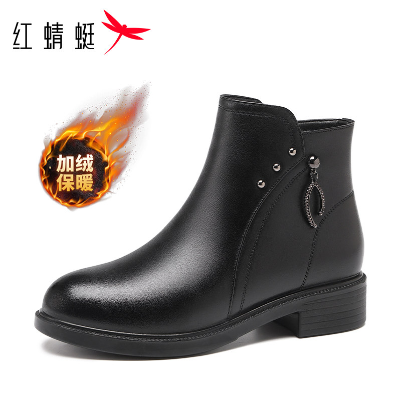 红蜻蜓时装靴低跟真皮妈妈靴