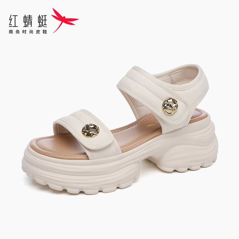 红蜻蜓休闲织物运动厚底松糕凉鞋