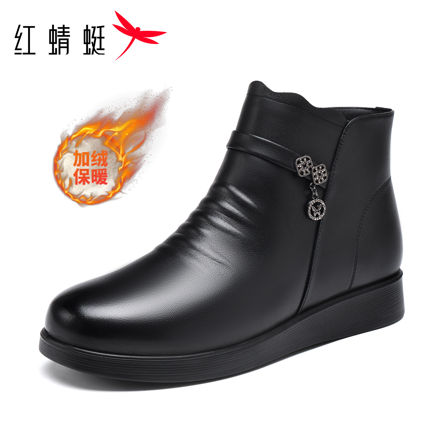红蜻蜓妈妈棉靴头层牛皮厚绒保暖平底防滑真皮中老年女士短靴软底