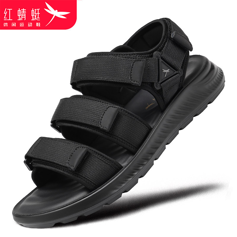 红蜻蜓运动凉鞋男2025夏季织物透气开车休闲防滑黑色软底沙滩鞋