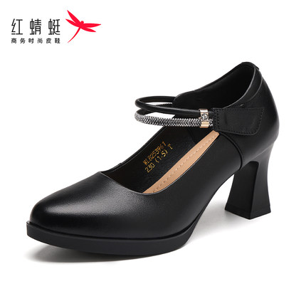 红蜻蜓玛丽珍女鞋增高7cm气质一字带粗跟单鞋法式真皮女士高跟鞋