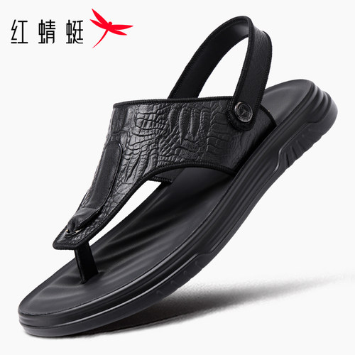 红蜻蜓头层牛皮男凉鞋夹脚拖鞋软