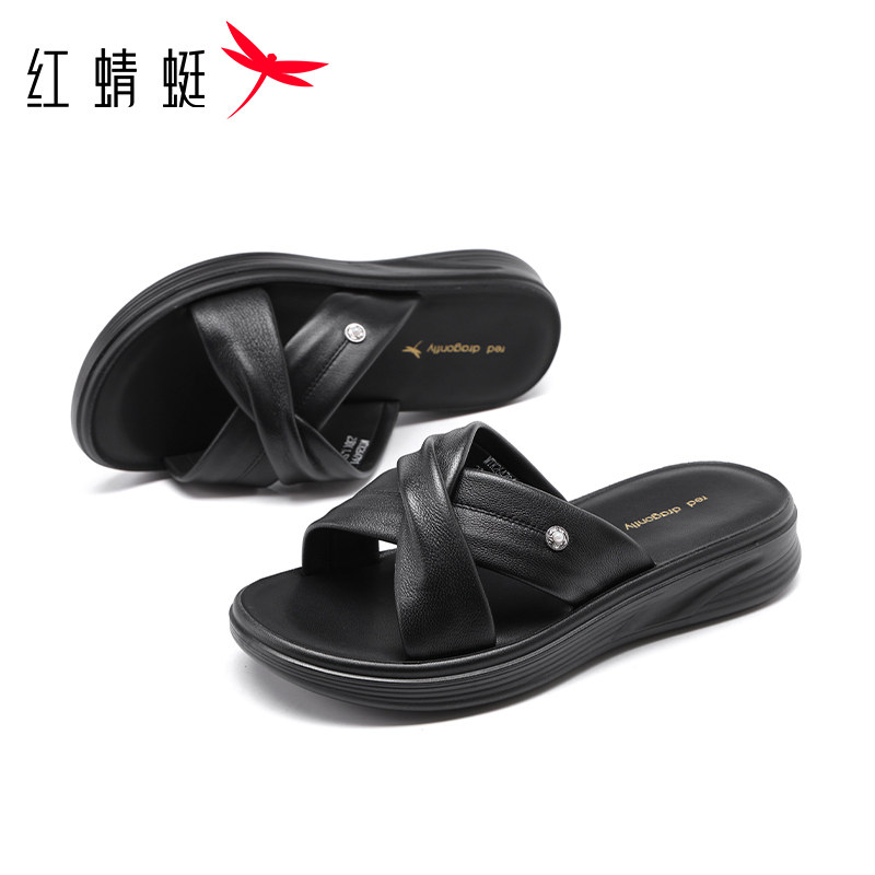 红蜻蜓女鞋妈妈拖鞋纯羊皮柔软厚底真皮女皮凉拖百搭时尚潮流软底