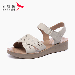 红蜻蜓皮鞋平底牛皮软底女士凉鞋女款2025夏季中老年妈妈真皮夏天