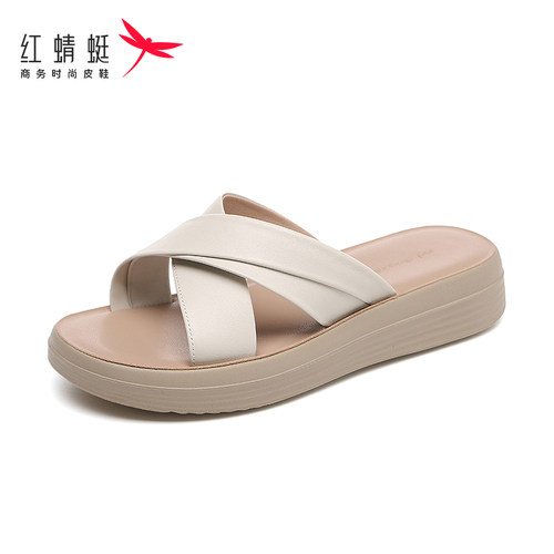 红蜻蜓头层牛皮女凉鞋