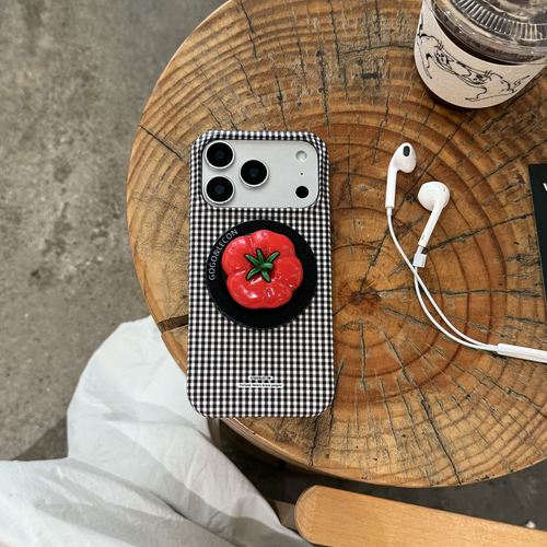 适用于苹果iPhone15/16/promax简约风苹果16pro手机壳格子番茄磁吸支架17手机壳黑色17pro学院风保护套17女款