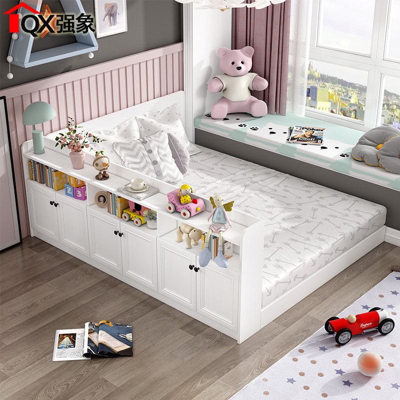 现代简约带书架的床柜一体飘窗床榻榻米落地床书柜板式床m5