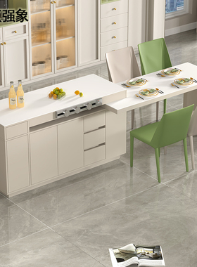 奶油风可旋转伸缩岛台餐桌一体岩板开放式中岛台柜饭桌定制E39