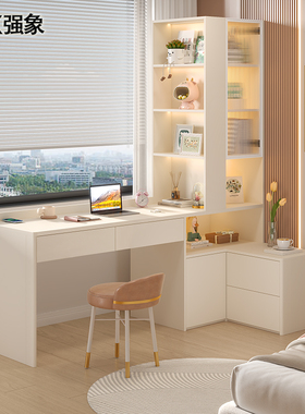 奶油风转角书桌书架床头柜一体飘窗拐角书柜电脑桌组合可定制FL45