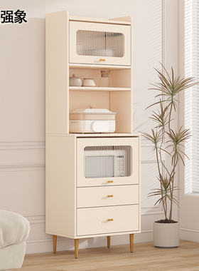 奶油风餐边柜高柜一体靠墙厨房储物窄柜烤箱微波炉收纳置物柜G362