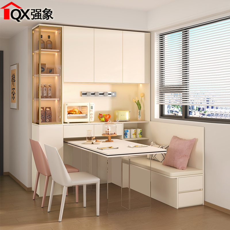 奶油风卡座餐边柜餐桌一体组合