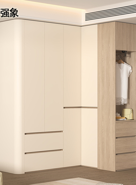 ENF级原木奶油风L型转角分段式衣柜圆弧家用卧室收纳衣橱定制A82