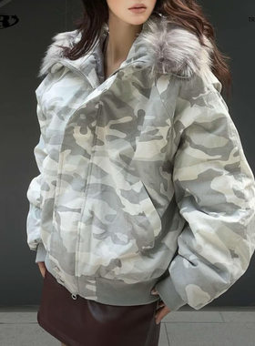 OREETA丨美式加厚座山雕迷彩棉服男女潮牌做旧水洗设计感毛领棉服