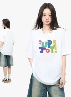 新款彩色字母T恤短袖女款个性潮流小众设计宽松半袖情侣打底衫夏