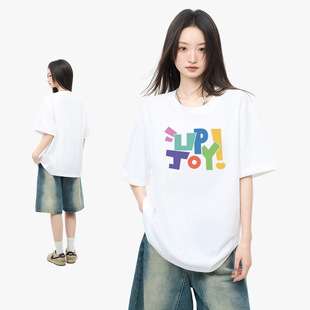 新款彩色字母T恤短袖女款个性潮流小众设计宽松半袖情侣打底衫夏