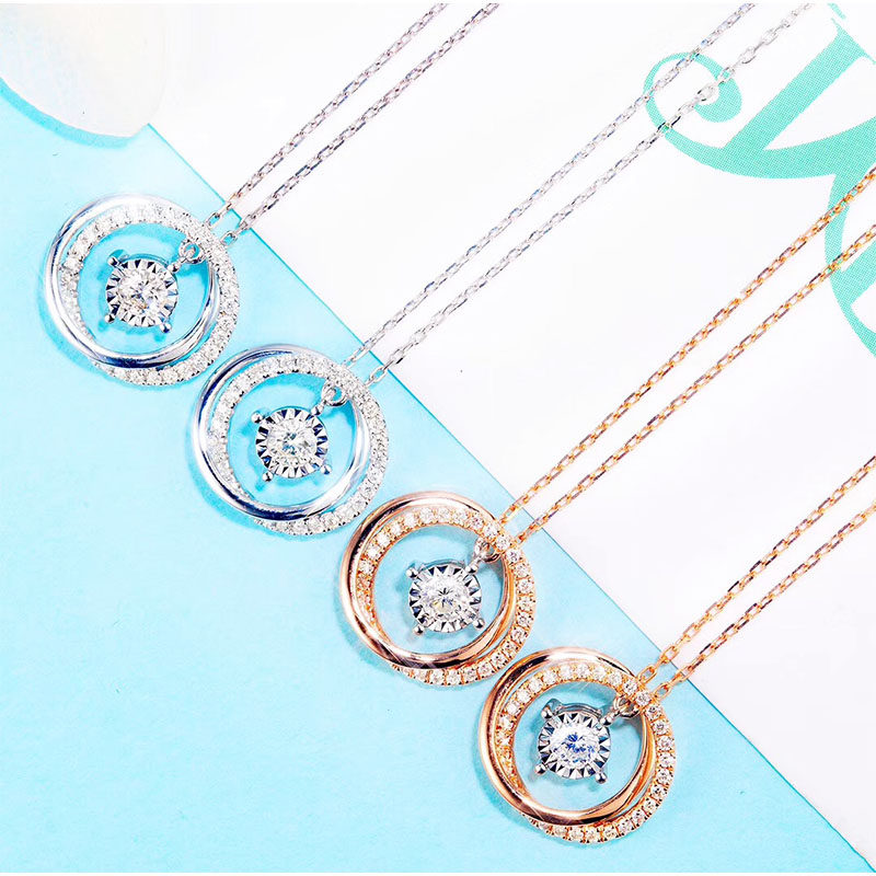 18K玫瑰金圆环钻石项链 时尚白金车花钻石吊坠女锁骨链正品