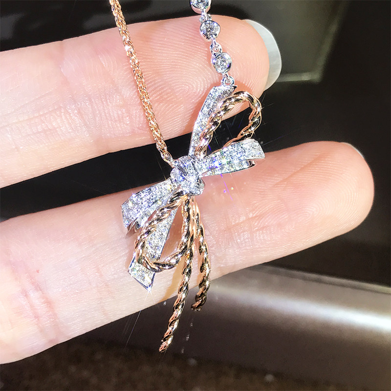 18K玫瑰金蝴蝶结钻石项链吊坠 白金分色蝴蝶结吊坠女锁骨链正品