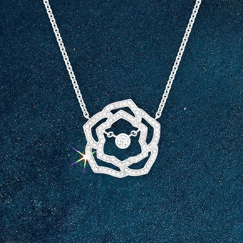 18K白金满钻山茶花钻石项链锁骨链 时尚玫瑰金花朵钻石吊坠一体链