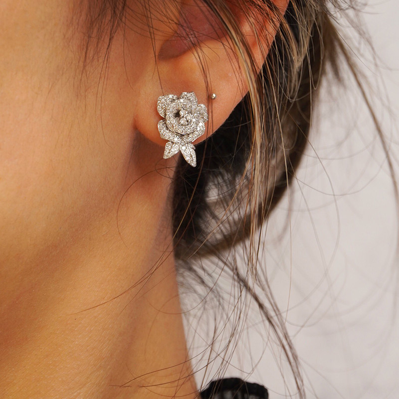 18K白金满钻钻石玫瑰花耳钉耳环女 气质名媛花朵钻石耳钉耳坠