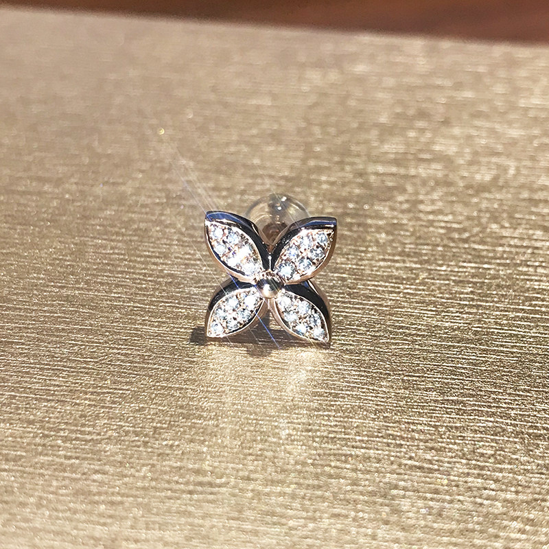 18K玫瑰金老花钻石耳钉女 白金花朵钻石耳钉耳环四叶草耳钉耳饰