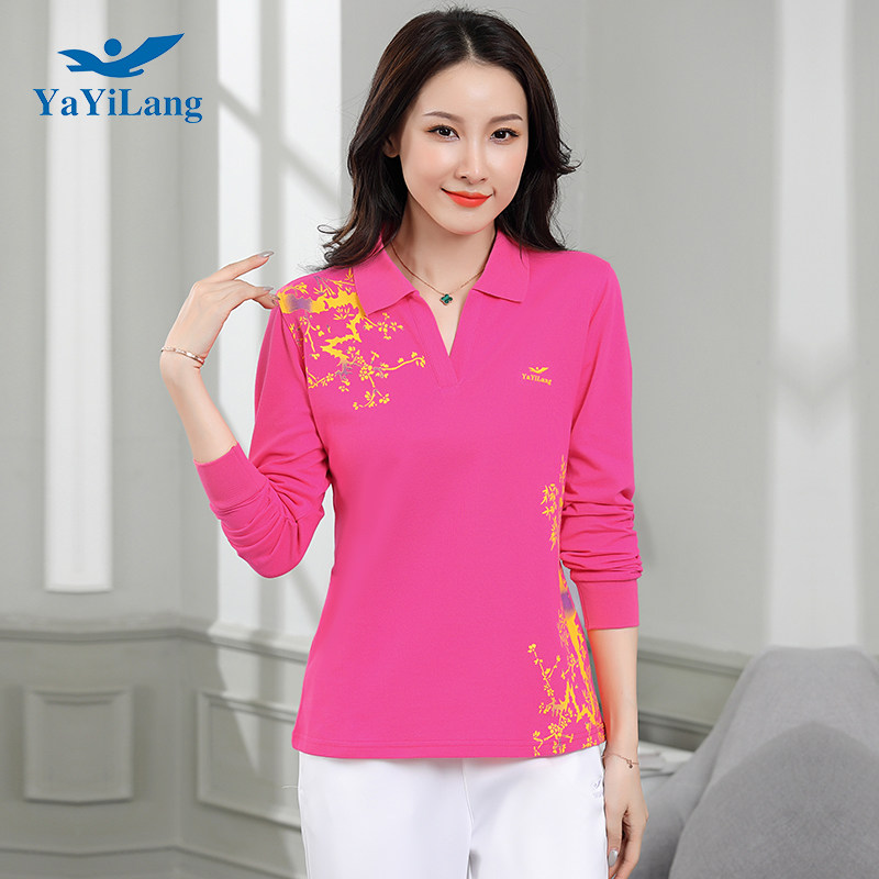 新款春秋运动长袖t恤女士大码纯棉POLO衫 中老年广场舞团体表演服
