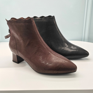 瑞贝卡女鞋2025冬季新款粗跟舒适尖头后拉链气质优雅单靴57M22224