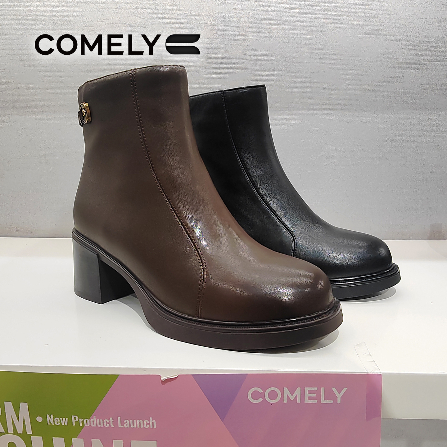 COMELY康莉女靴2025冬季新款粗跟舒适绒里圆头侧拉链短靴KKX58691